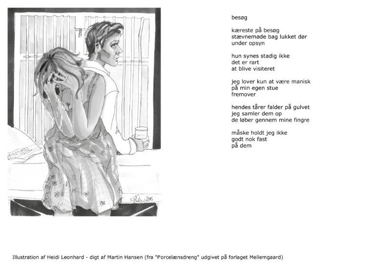 Illustration af Heidi Leonhard til digtet "besøg" fra digtsamlingen "Porcelænsdreng skrevet af Martin Hansen